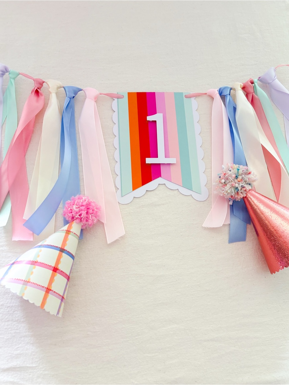First Birthday fun to be one Pastel Ribbon Garland Banner with Number 1 - Picture 3 of 3